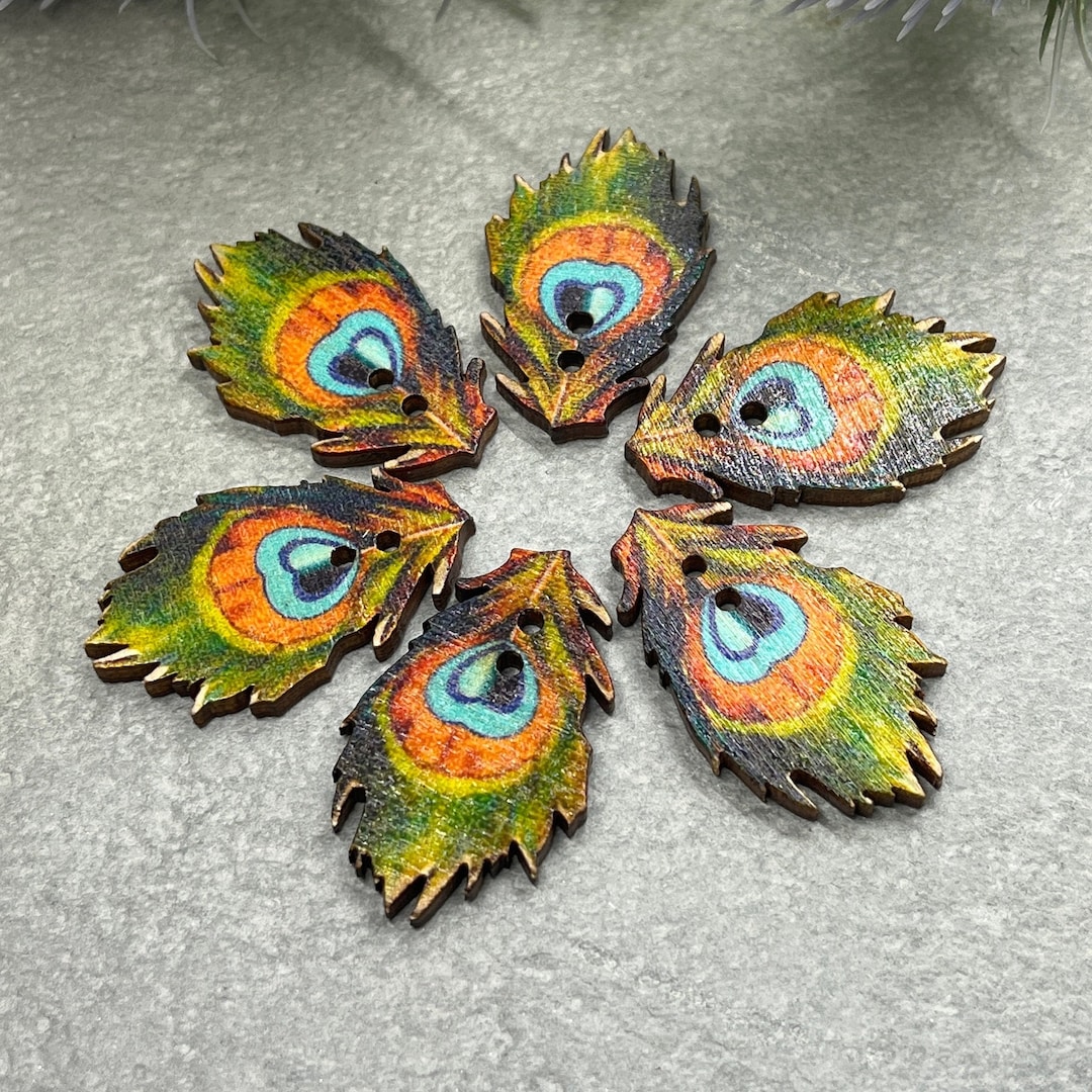 Peacock Feather Wooden Sewing Buttons, Vibrant Colors - Etsy