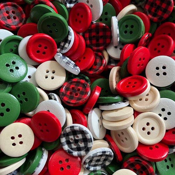 20 mm Wooden CHRISTMAS BUTTONS. Festive Christmas Buttons in Red, Green, Black and Cream. Buffalo Checked Festive Buttons in Various Colours