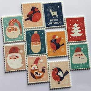 Weihnachten im traditionellen Stil aus Holz Briefmarke geformte Knöpfe x 15 - Rotkehlchen, Weihnachtsmann, Weihnachtsbaum & Rentier. Weihnachtskarten und Kunsthandwerk