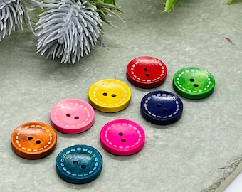 Set of 8 Rainbow Coloured Wooden Stitch Buttons. 20 mm Wooden Stitch Design Buttons