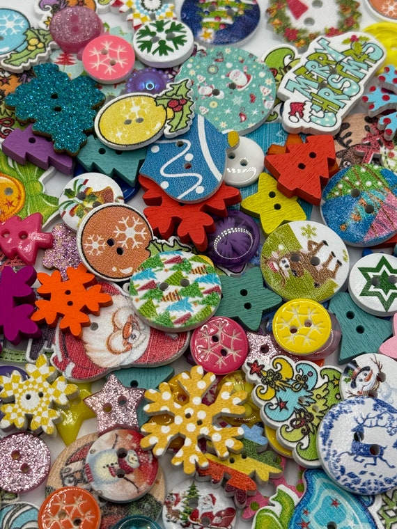 Festive Colourful Christmas Wood & Resin Buttons - Crafting Mix, 120 Pieces
