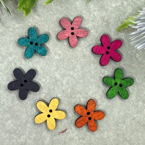 Set of 14 Dark Rainbow Coloured Wooden Flower buttons. 20 mm Wooden Flower Buttons