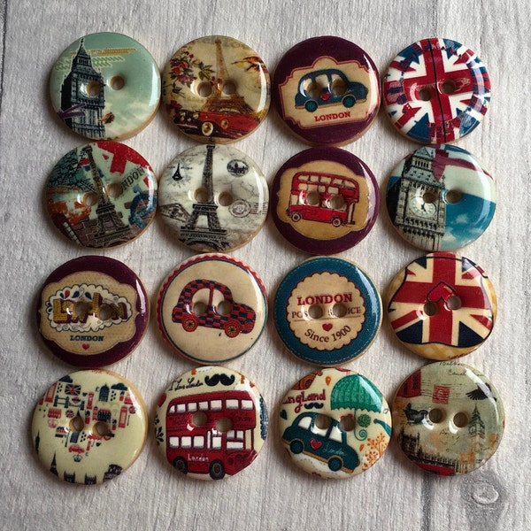 Large Vintage Style London Wooden Buttons. Shiny Round 25 mm Sewing Buttons, for Scrap booking, Handmade items, Sewing, Crafts