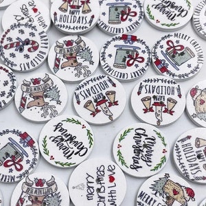 25 mm Wooden Christmas Buttons x 12. White Wood Buttons with Christmas Characters.