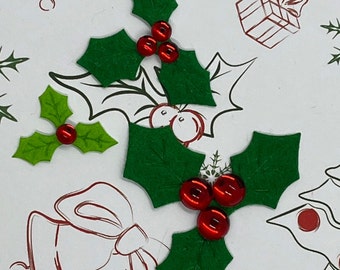 Felt Christmas Holly Leaves with Red Domed Cabochon Berries. Various Sizes and Colours - Green Holly and Red Berries Christmas Crafts