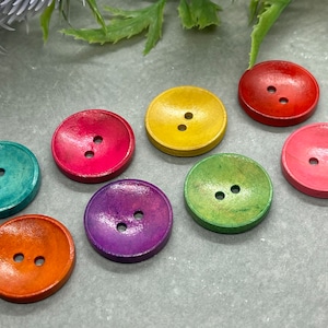 Rainbow Coloured Wooden Buttons. 25 mm Rustic Wood Buttons. Choose from 8 x rainbow mix or 6 x single colour button packs.