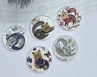 25mm Wooden Cat Buttons, Mixed Pattern Crafting Embellishments