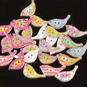 Little Birds Wooden Sewing Buttons x 12, colourful sewing buttons. White wood, nature craft and sewing projects.