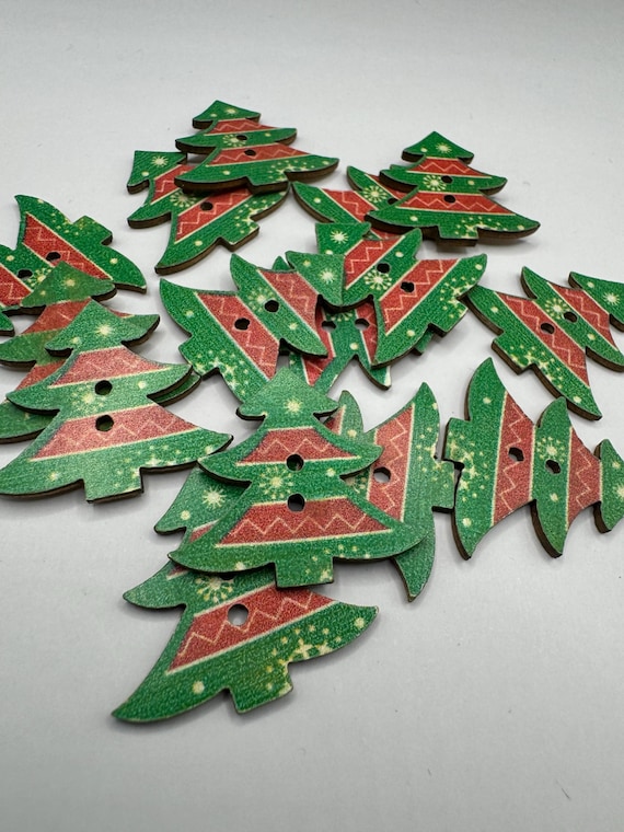 Lot De 8 Boutons Décoratifs En Bois - Motif Sapin De Noël, 27x30 Mm
