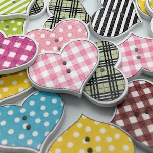 Heart Patterned Wooden Buttons. White Printed Buttons. Polka Dots, Checks and Stripes. Large 23mm heart shaped wooden sewing buttons.
