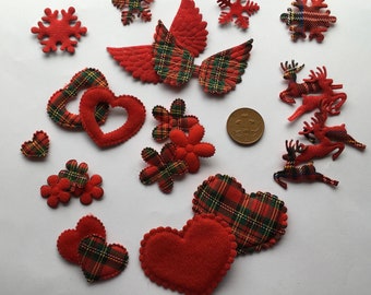 Christmas Tartan Embellishments x 30. Blue and Red Featuring  Snowflakes, Reindeer, Angel Wings & Hearts ideal for your Christmas Crafts.