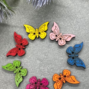 Set of 7 Rainbow Wooden Butterfly Sewing Buttons. 24 mm Colourful sewing buttons. Natural wood, nature craft and sewing projects.
