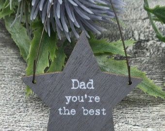 East of India Mini Wooden Star Gift Tag. Little Wooden Star on Wire Hanger. "Dad, You're the Best"