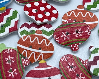 Wooden "Christmas Bauble" Buttons x 15, cardmaking, sewing projects, present decorations, all festive projects.