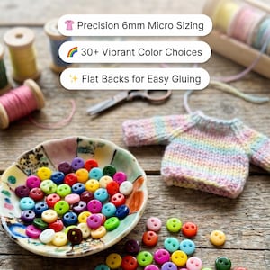 Peut inclure: Une collection de micro-boutons de 6 mm de différentes couleurs, dotés de dos plats. L'image contient le texte : Standard buttons ruining your miniature scale? Discover the perfect 6mm micro fasteners for flawless doll clothes and detailed crafts.