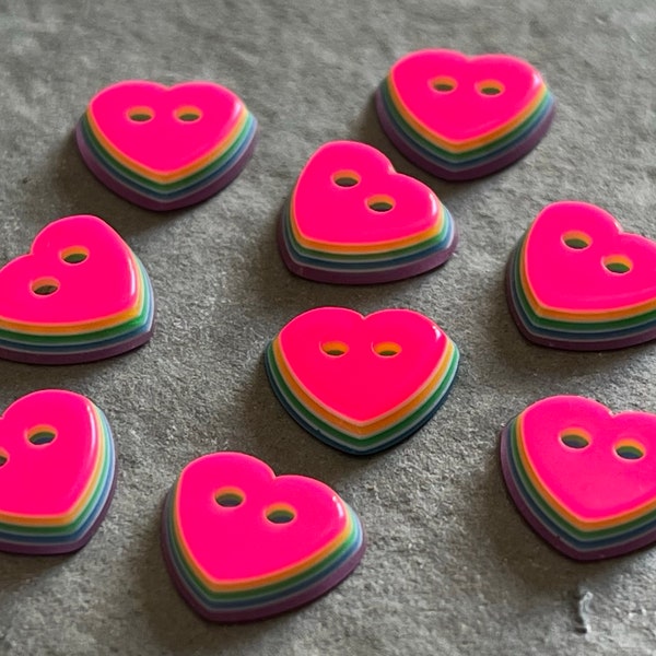 Candy Striped Neon Pink Rainbow Buttons. 11 mm Heart Shaped Resin Buttons. Packs of 6 or 12.