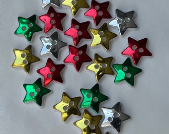 Shiny Star Shaped Buttons 12 mm. Red, Gold, Silver and Green Star Buttons.  Gorgeous Mini Resin Stars. Christmas Crafting.