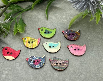 Little Birds Wooden Sewing Buttons x 12, colourful sewing buttons. White wood, nature craft and sewing projects.