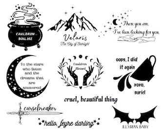 Pacote Acotar SVG e PNG, 10 Imagens / Feyre / Rhysand / Velaris / Caldeirão / Suriel / Amante de Livros / Romantasy / Fantasia / Download Digital