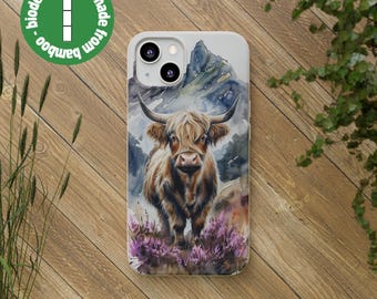 Highland Cow in Heather Watercolour Phone Case, Scottish Mountains, Biodegradable eco-friendly mobile case