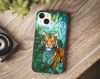 Stained Glass Tiger Flexi Case for iPhone 16 15 14 13 12 11 8 7  Pro Plus Pro Max Mini X XR XS XSMAX, Samsung S23 S22 S21 Plus Ultra S10