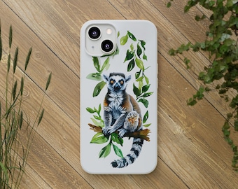 Lemur Bamboo Phone Case: Eco-Friendly Ring-Tailed Lemur Design.