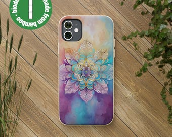 Mandala multicoloured bamboo phone case, planet friendly biodegradable. iPhone 15 14 13 12 11 Pro Plus Max Samsung S22 S21 S20 Plus Ultra
