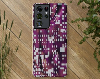 Può includere: Una custodia per telefono di colore viola e bianco con un motivo geometrico. La custodia ha un ritaglio per la fotocamera con tre obiettivi.