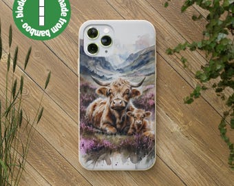 Highland cow and calf Eco bamboo phone case, compostable, iPhone 15 14 13 12 11 Pro Plus Pro Max Mini, Galaxy S22 S21 S20 Plus Ultra