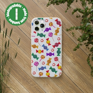Funda biodegradable para teléfono con caramelos de colores, funda con dulces y piruletas, funda sostenible para iPhone, funda ecológica para Samsung Galaxy