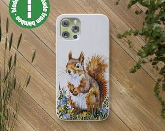 Capa de telefone de esquilo, ecológica, presente para amantes da natureza, capa de telefone biodegradável, arte animal, acessório sustentável