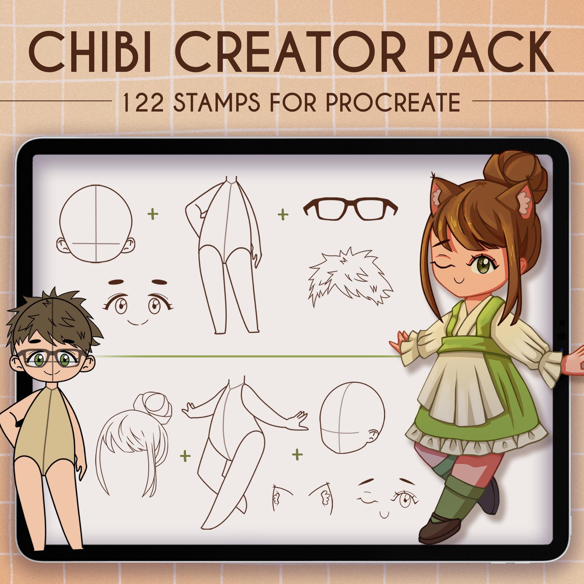 Procreate Chibi Maker Stamps – Set de pinceles creador de personajes de anime y manga para diseño kawaii
