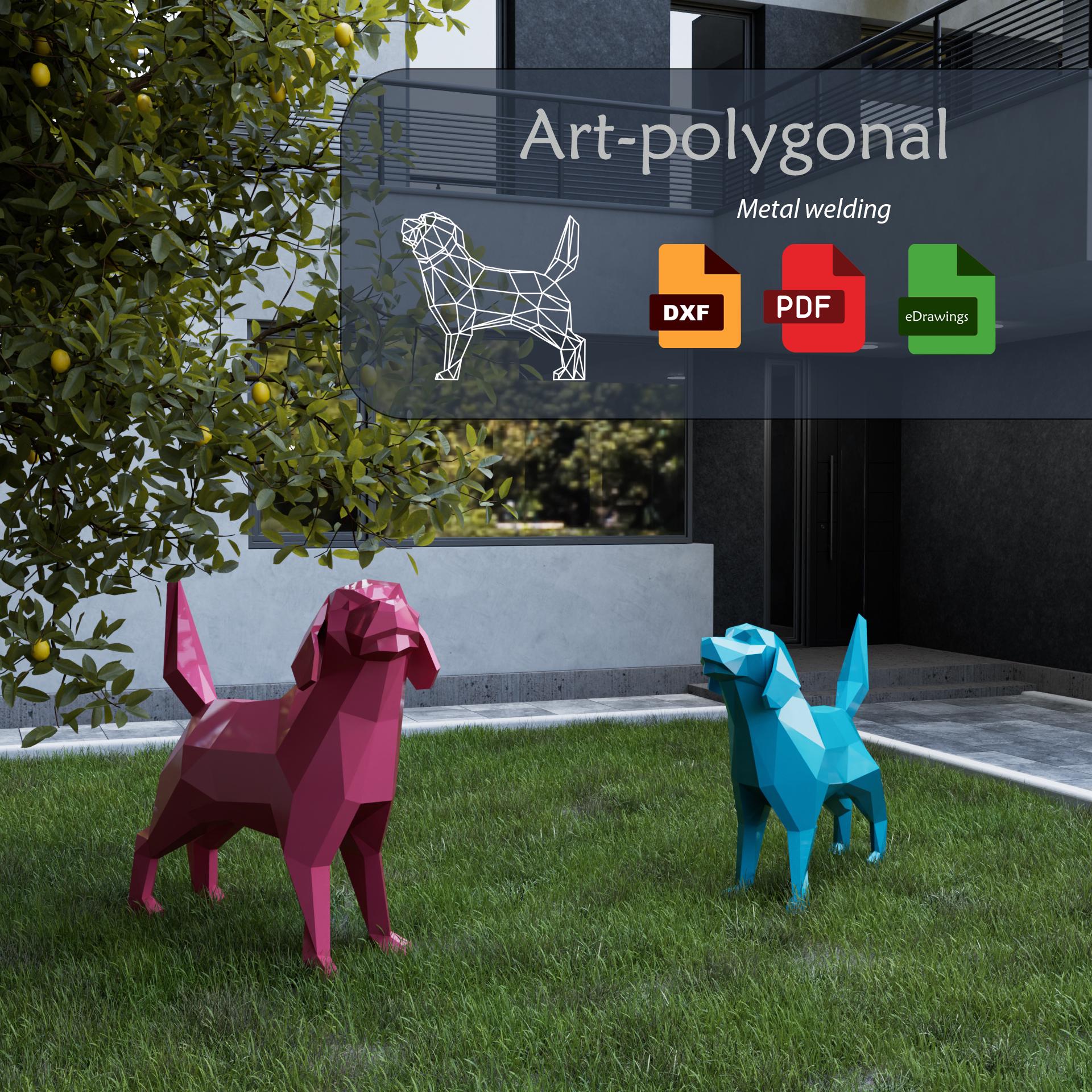 The Labrador dog in DXF for sheet metal assembly. 3D animal sculpture, construction kit. Template for a polygonal metal park sculpture