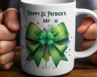 Happy St Patrick's Day Mug - Shamrock and Bow Design - Ceramic 250ml Coffee - Tea Cup - Dishwasher & Microwave Safe