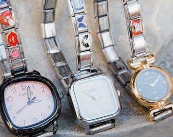 Watch with Silver Italian Charm Bracelet Band, Italian Charm Bracelet Pick Your Charms, Adjustible Stainless Steel, Build Your Own, DIY Gift