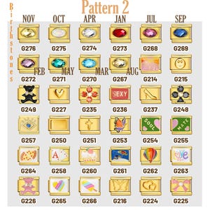 May include: A chart of gold-colored charms with various designs and colors. The charms are labeled with numbers and the months of the year. The charms are arranged in a grid pattern.