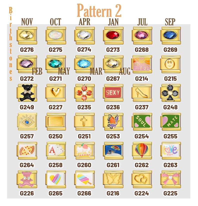 May include: A chart of gold-colored charms with various designs and colors. The charms are labeled with numbers and the months of the year. The charms are arranged in a grid pattern.