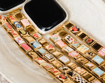 Gold Italian Charm band with Connector for Apple Watch, Italian Charm Bracelet, Apple iWatch, Coquette Charm, Watch Bracelet  Mom, DIY Gift