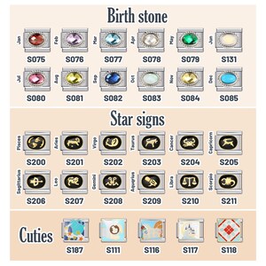 May include: A chart displaying birthstone, star sign, and charm designs. The top section features birthstones with months and codes. The middle section showcases star signs with zodiac symbols and codes. The bottom section displays colorful charm designs with codes.