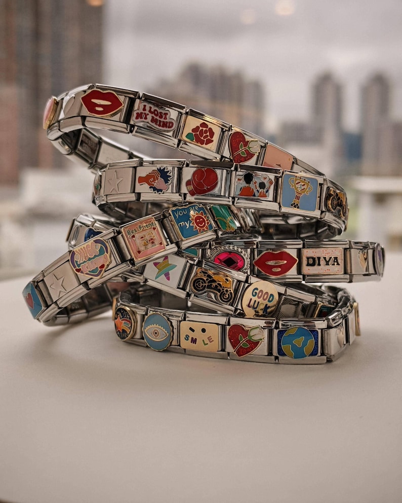 18 Link Charms Italian Bracelet, links 9mm wide, Custom Vintage Custom Adjustable Stainless Steel bracelet, Y2K Jewerly, Geschenk für ihn image 1