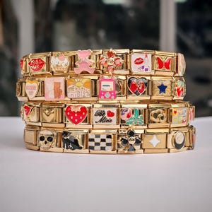 THEMED or Mystery Gold Italian Charm Bracelet, Stretchy Adjustible Waterproof, Vintage Dainty Italy links 9mm, Y2K Jewelry Relationship gift