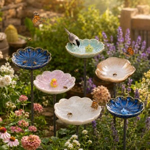 Könnte beinhalten: Eine Ansammlung von sechs blumenförmigen Vogeltränken auf dünnen Metallstäben mit glasierten Keramikschalen in Blau, Rosa, Weiß und Beige. Kleine dekorative Figuren wie eine Ente, ein Stern und ein Fisch befinden sich in den Schalen.