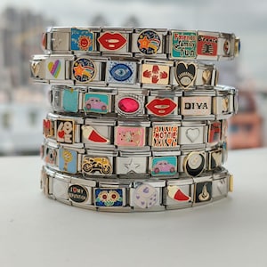 THEMED or Mystery Italian Charm Bracelet, Stainless Steel Vintage 18 links 9mm wide, Stretchy Adjustible Charm, Teenager, Relationship gifts