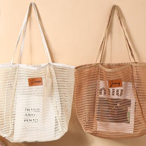 Custom Beach Tote Bag, Bridesmaid Tote Bag, Personalized Girls Trip Bag, Bachelorette Party Gift Bag, Beach Wedding Gifts, Summer Mesh Tote