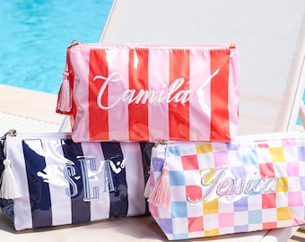 Embroidered Cosmetic Pouch, Custom Waterproof Toiletry Bag, Monogram Striped Clear Coat Makeup Bag