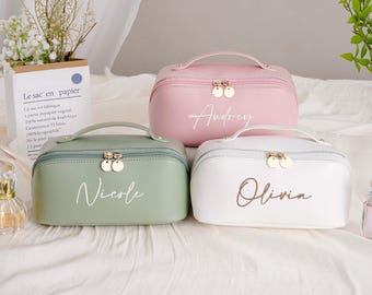 Embroidered Leather Makeup Bag, Personalized Travel Cosmetic Bag, Makeup Organizer