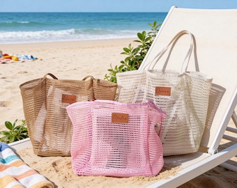 Personalized Beach Tote Bag, Bridesmaid Tote Bag, Custom Girls Trip Bag, Bachelorette Party Gift Bag, Beach Wedding Gifts, Summer Mesh Tote