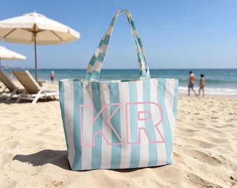 Custom Canvas Tote Bag, Initial Striped Tote Bag, Large Travel Bag, Bridesmaid Gift Bag