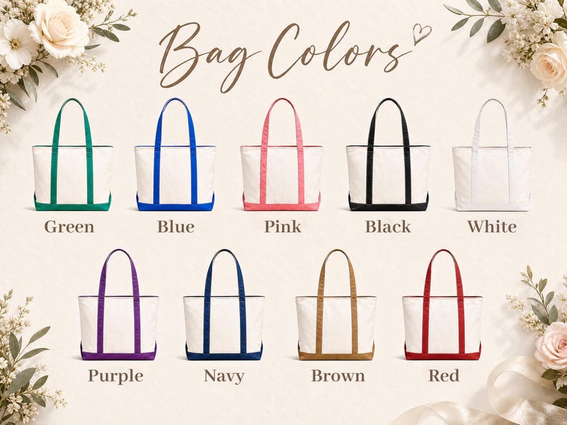 May include: A collection of nine canvas tote bags arranged in two rows, each featuring a white body with colored handles and base. The colors include green, blue, pink, black, white, purple, navy, brown, and red. The text Bag Colors is centered above.