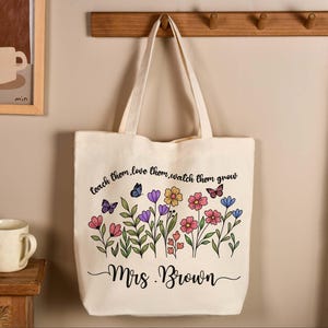 Sac fourre-tout personnalisé pour professeur, cadeau de remerciement pour professeur, sac cadeau personnalisé pour professeur, sac fourre-tout en toile fleur pour professeur, cabas pour la rentrée des classes